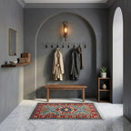 Room view: the rug on the floor of a furnished room, shown at its real size