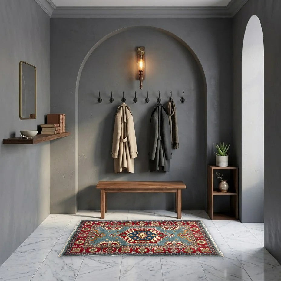 Room view: the rug on the floor of a furnished room, shown at its real size