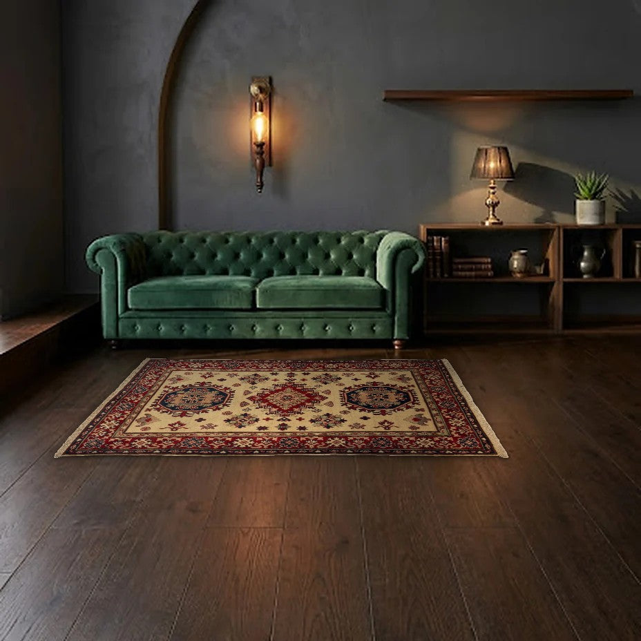 Room view: the rug on the floor of a furnished room, shown at its real size
