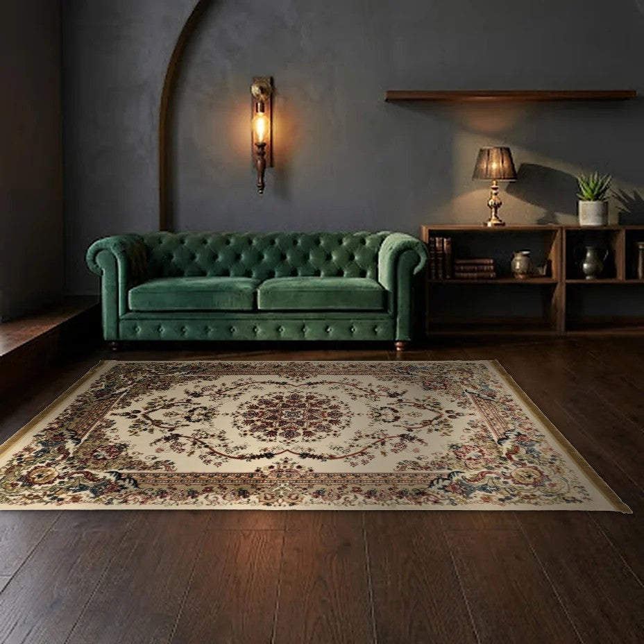 Room view: the rug on the floor of a furnished room, shown at its real size
