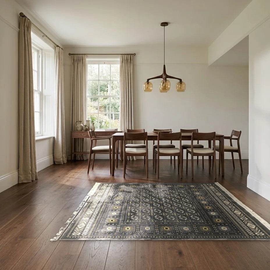 Room view: the rug on the floor of a furnished room, shown at its real size