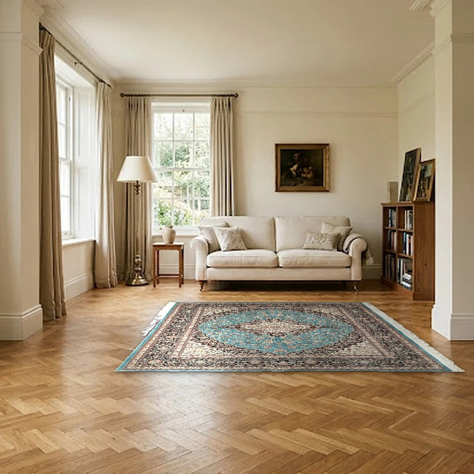 Room view: the rug on the floor of a furnished room, shown at its real size