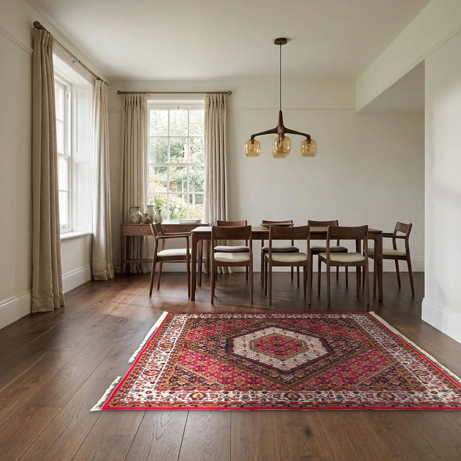 Room view: the rug on the floor of a furnished room, shown at its real size