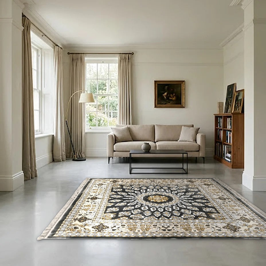 Room view: the rug on the floor of a furnished room, shown at its real size