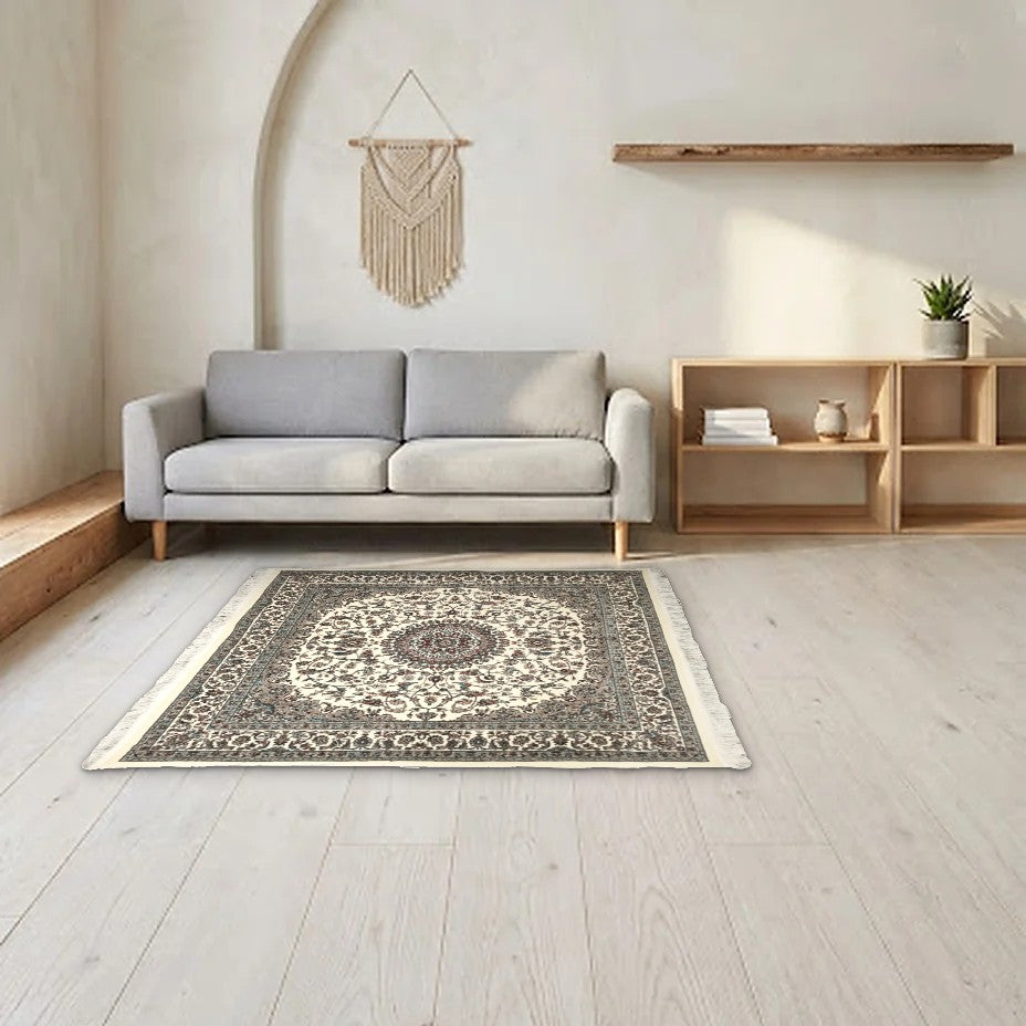 Room view: the rug on the floor of a furnished room, shown at its real size