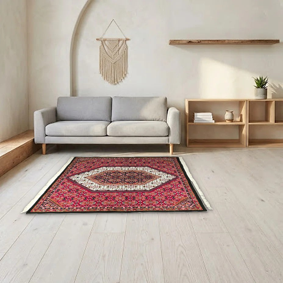 Room view: the rug on the floor of a furnished room, shown at its real size