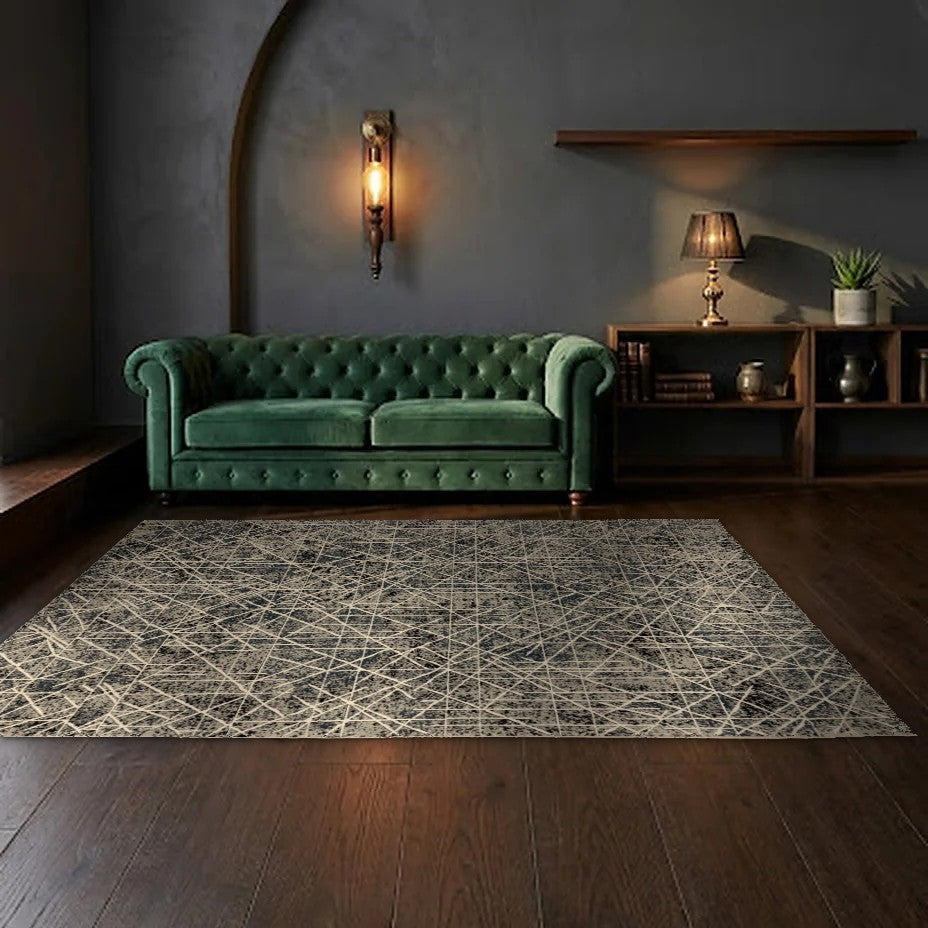 Room view: the rug on the floor of a furnished room, shown at its real size