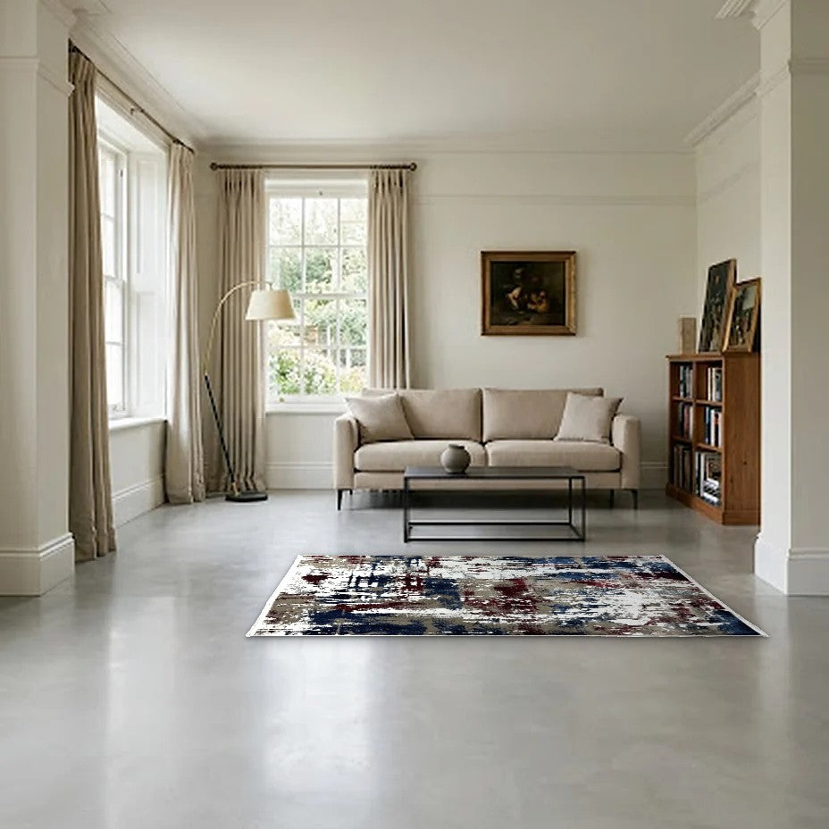 Room view: the rug on the floor of a furnished room, shown at its real size