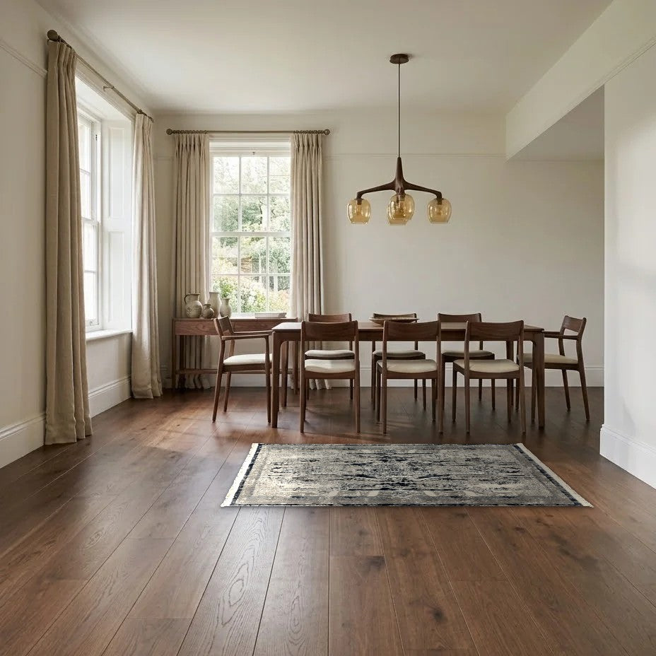 Room view: the rug on the floor of a furnished room, shown at its real size