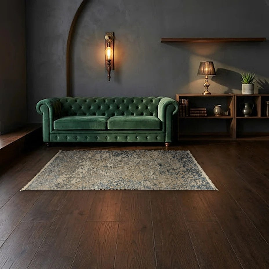 Room view: the rug on the floor of a furnished room, shown at its real size