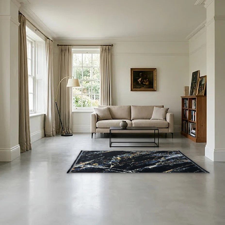 Room view: the rug on the floor of a furnished room, shown at its real size