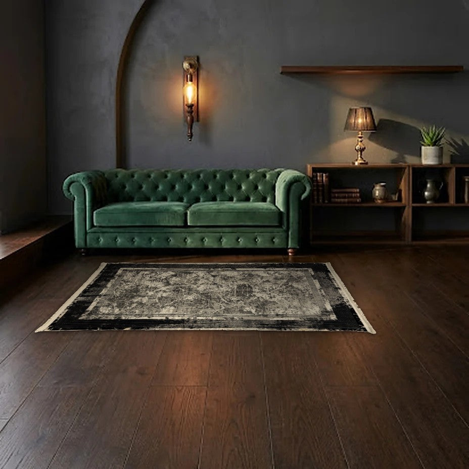 Room view: the rug on the floor of a furnished room, shown at its real size