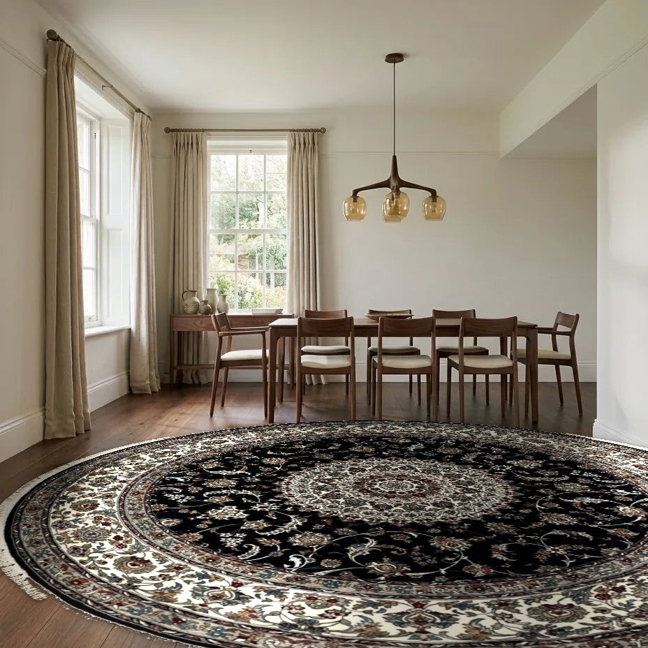Room view: the rug on the floor of a furnished room, shown at its real size