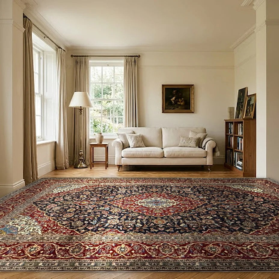 Room view: the rug on the floor of a furnished room, shown at its real size
