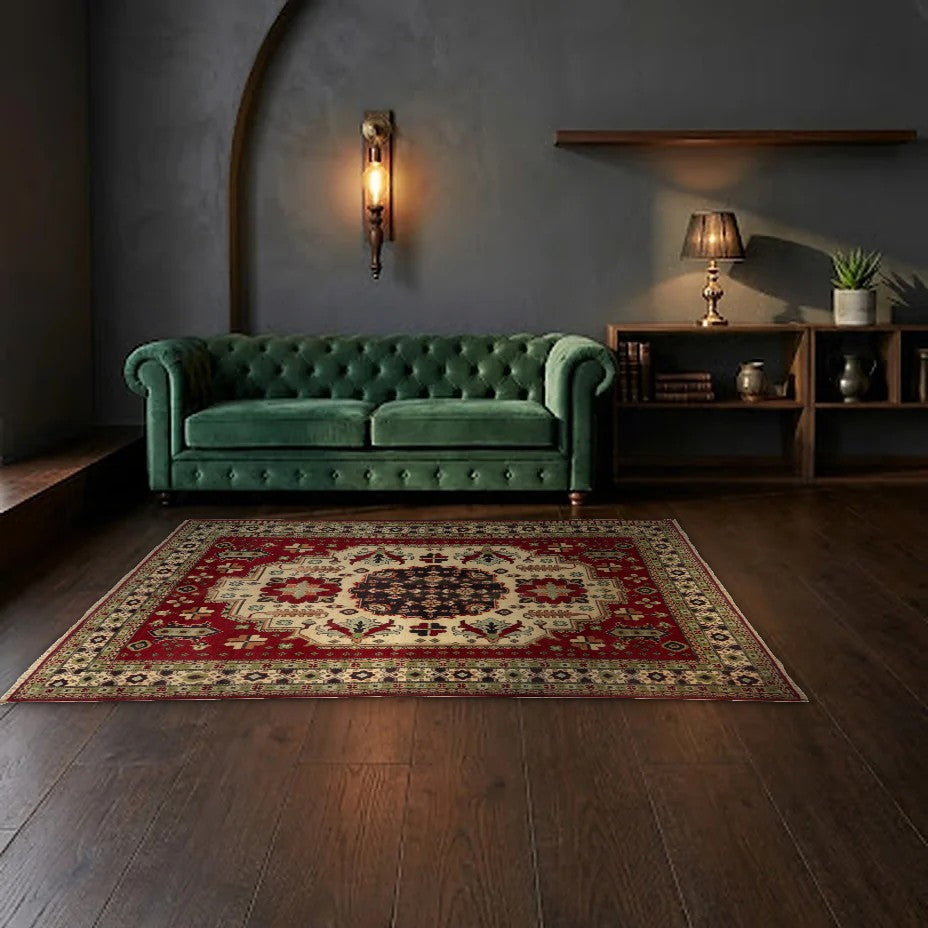 Room view: the rug on the floor of a furnished room, shown at its real size