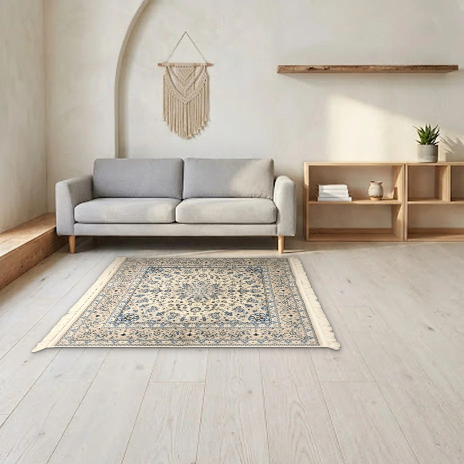 Room view: the rug on the floor of a furnished room, shown at its real size