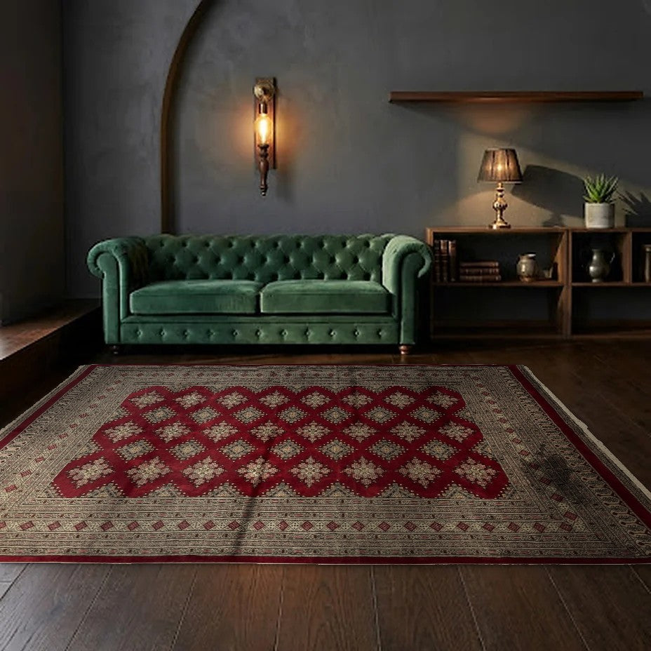 Room view: the rug on the floor of a furnished room, shown at its real size