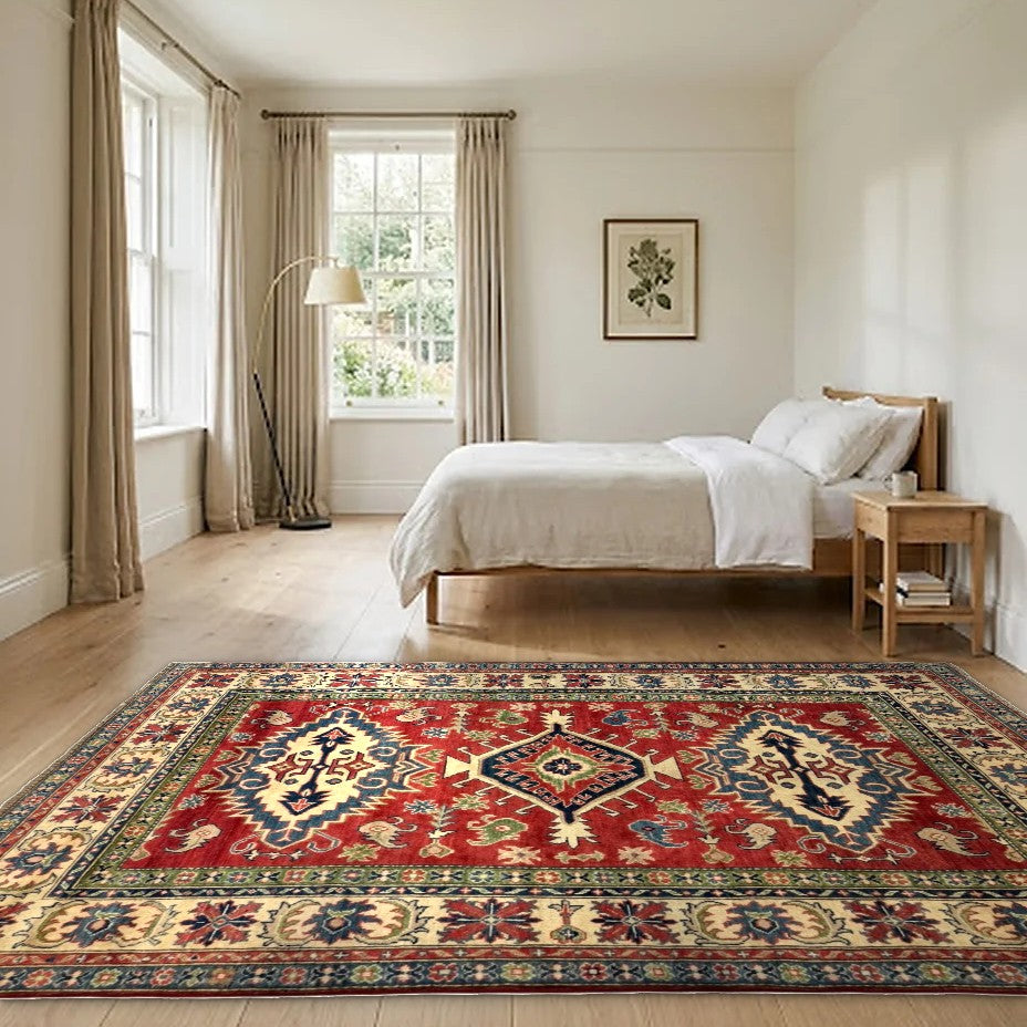 Room view: the rug on the floor of a furnished room, shown at its real size