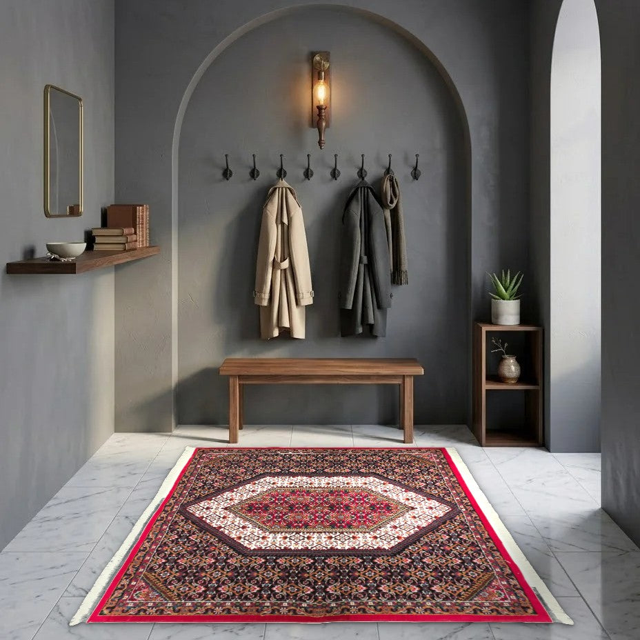 Room view: the rug on the floor of a furnished room, shown at its real size