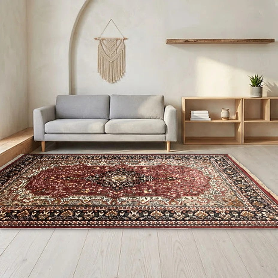 Room view: the rug on the floor of a furnished room, shown at its real size