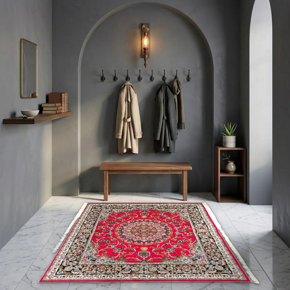 Room view: the rug on the floor of a furnished room, shown at its real size