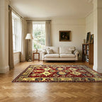 Room view: the rug on the floor of a furnished room, shown at its real size