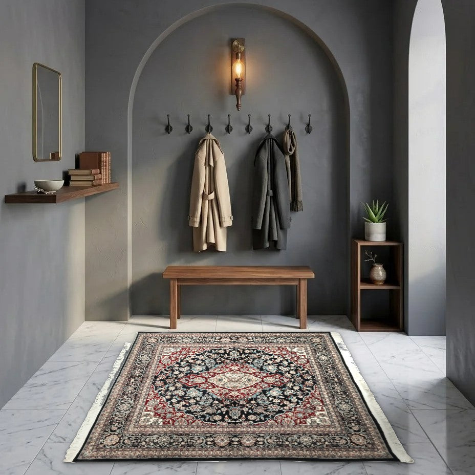 Room view: the rug on the floor of a furnished room, shown at its real size