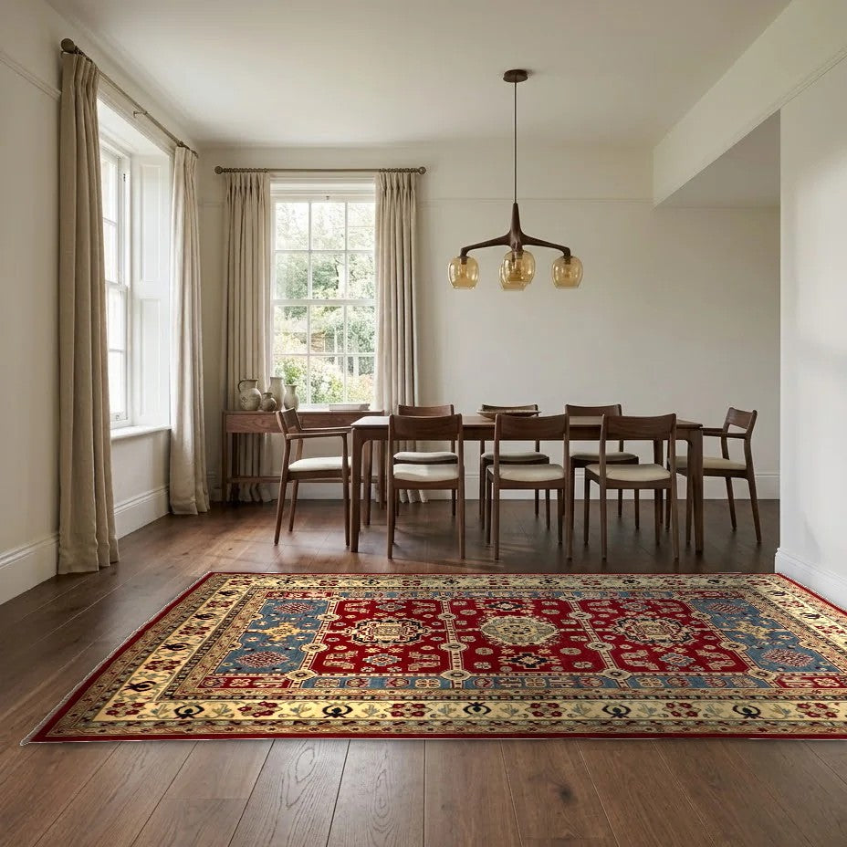 Room view: the rug on the floor of a furnished room, shown at its real size