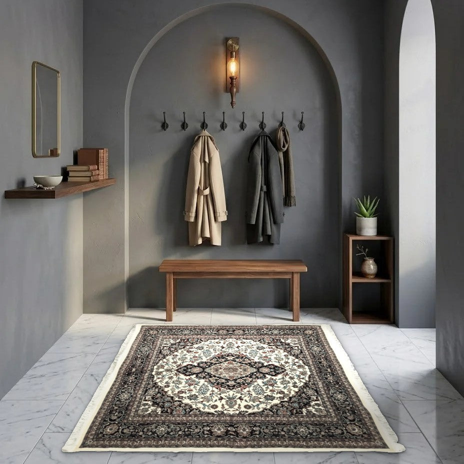 Room view: the rug on the floor of a furnished room, shown at its real size