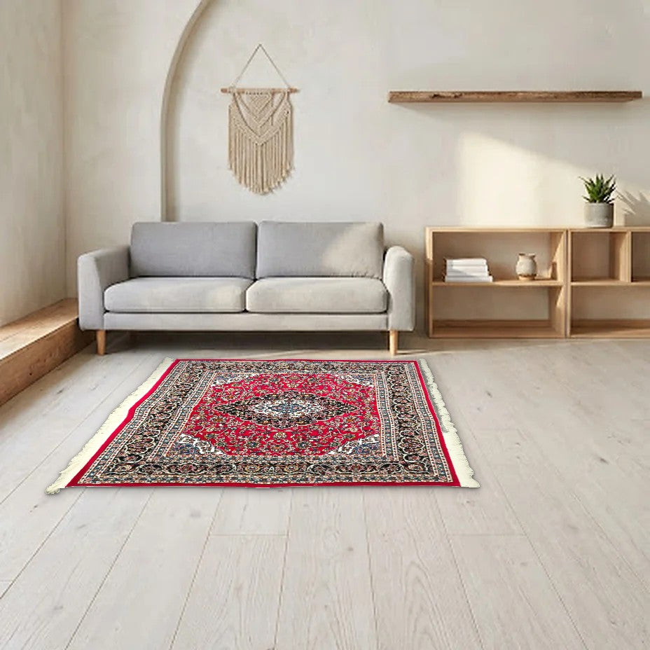 Room view: the rug on the floor of a furnished room, shown at its real size