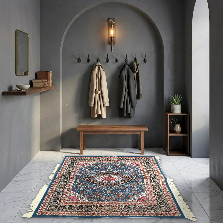 Room view: the rug on the floor of a furnished room, shown at its real size