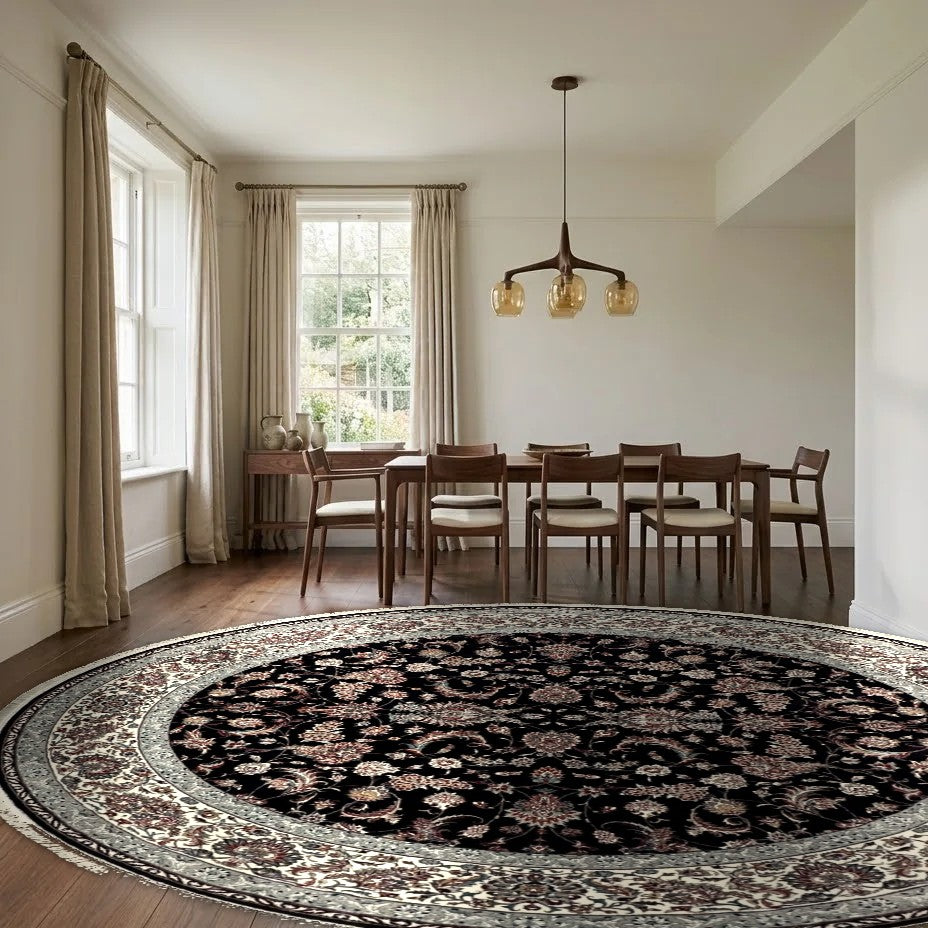 Room view: the rug on the floor of a furnished room, shown at its real size
