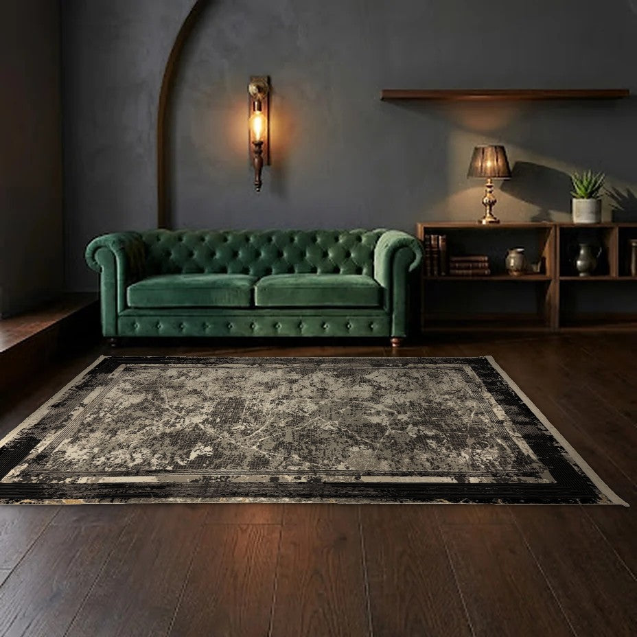 Room view: the rug on the floor of a furnished room, shown at its real size