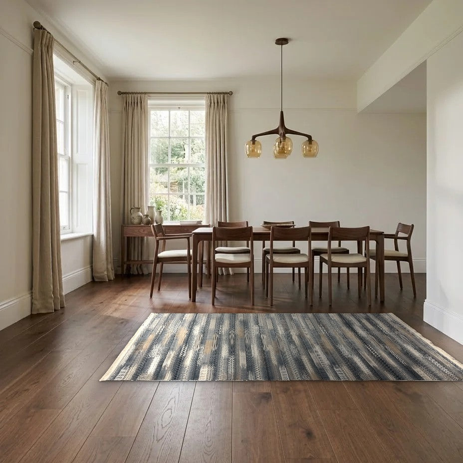 Room view: the rug on the floor of a furnished room, shown at its real size