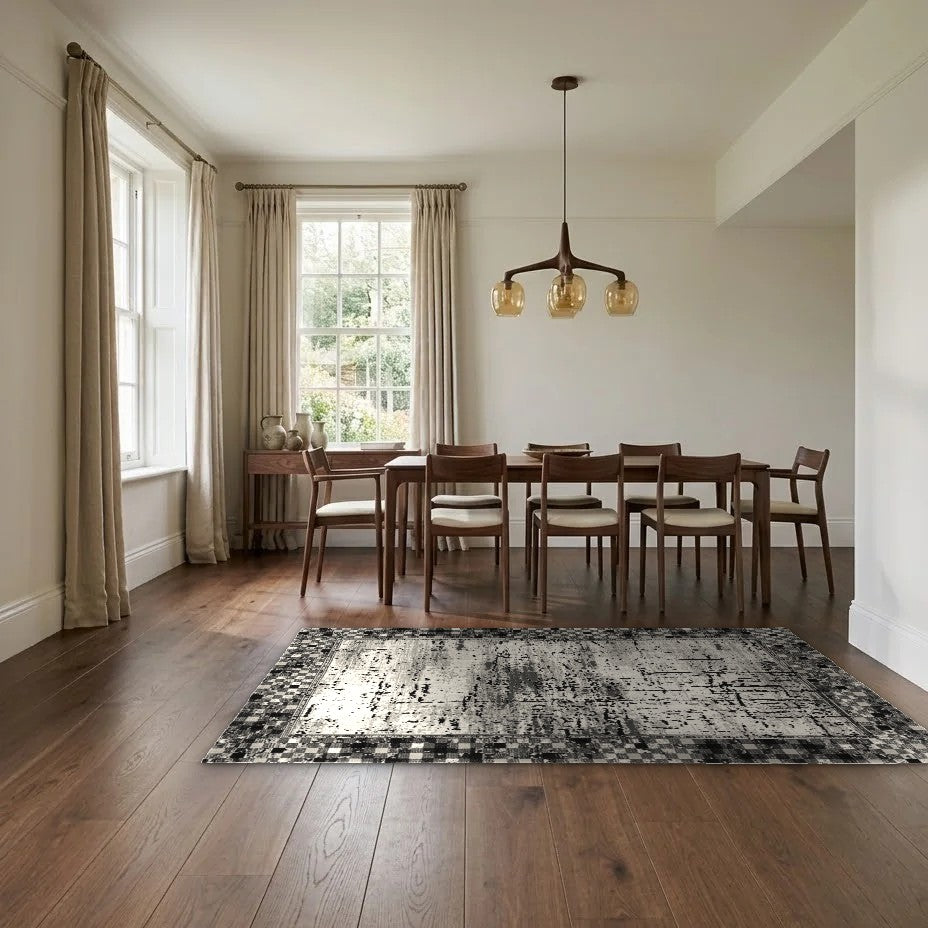 Room view: the rug on the floor of a furnished room, shown at its real size