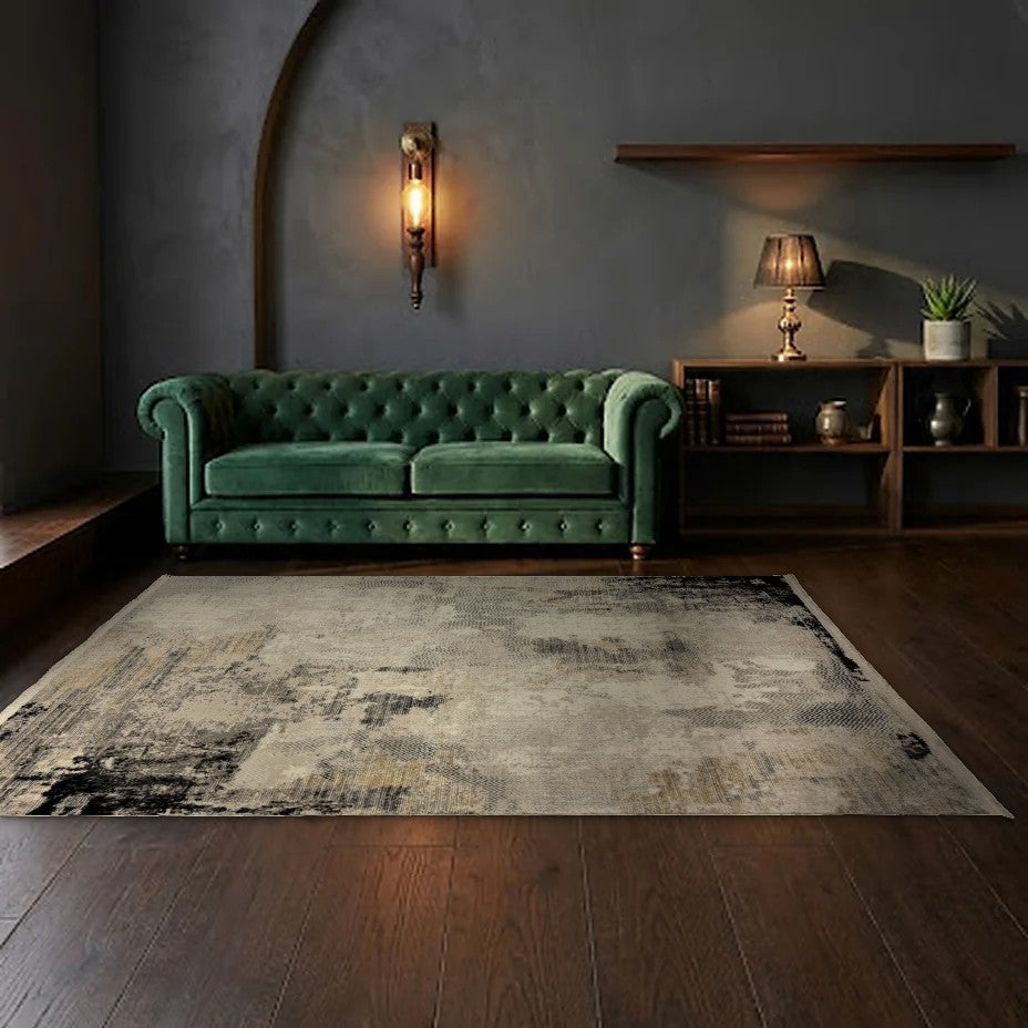 Room view: the rug on the floor of a furnished room, shown at its real size
