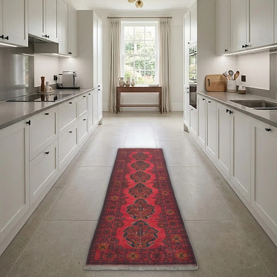 Room view: the rug on the floor of a furnished room, shown at its real size