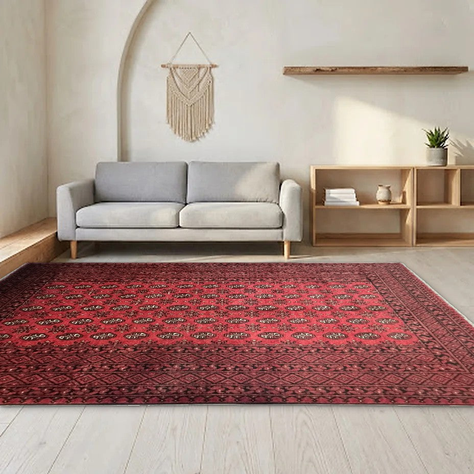 Room view: the rug on the floor of a furnished room, shown at its real size