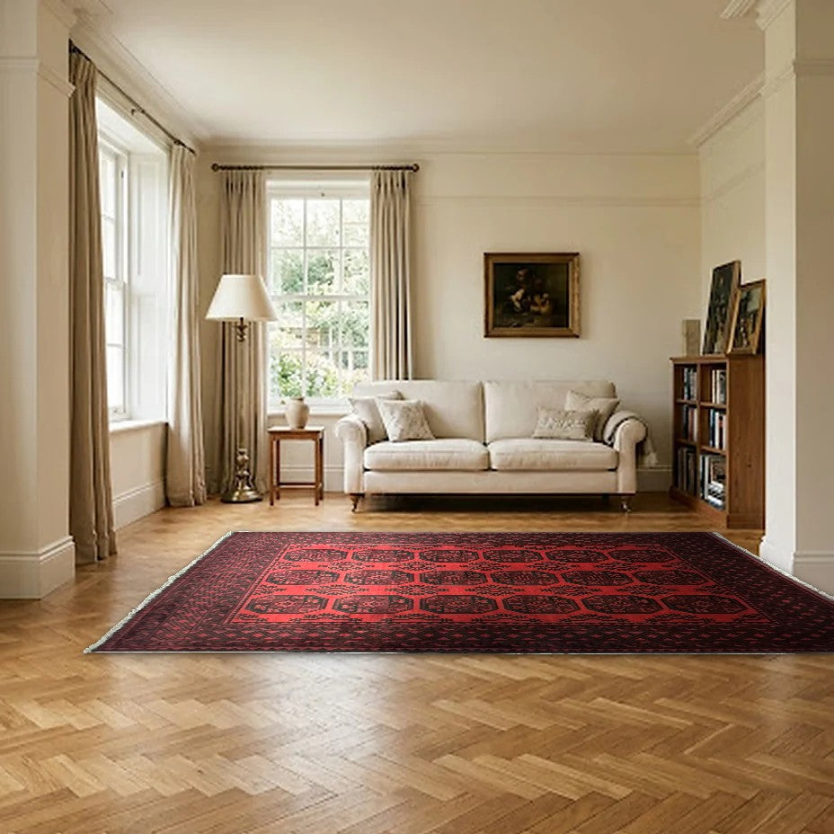 Room view: the rug on the floor of a furnished room, shown at its real size