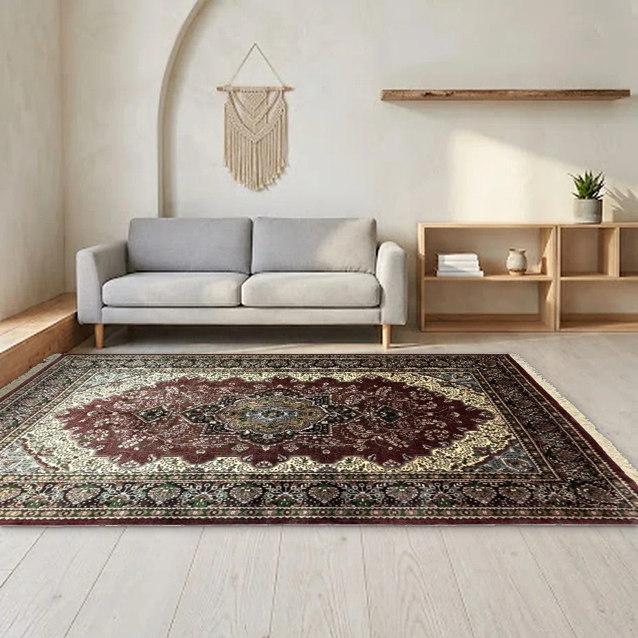 Room view: the rug on the floor of a furnished room, shown at its real size