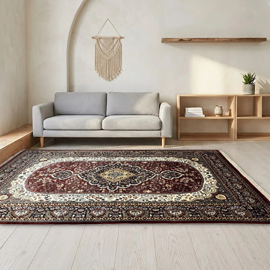 Room view: the rug on the floor of a furnished room, shown at its real size