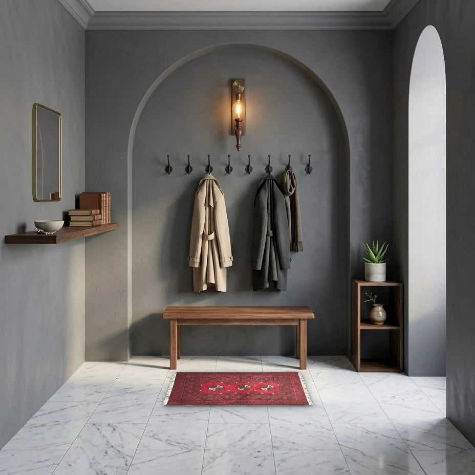 Room view: the rug on the floor of a furnished room, shown at its real size
