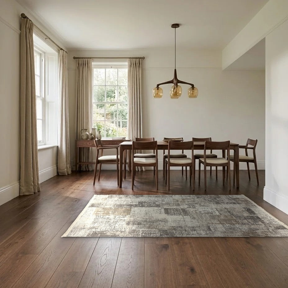 Room view: the rug on the floor of a furnished room, shown at its real size