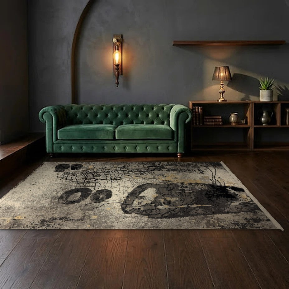 Room view: the rug on the floor of a furnished room, shown at its real size