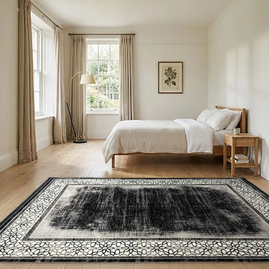 Room view: the rug on the floor of a furnished room, shown at its real size