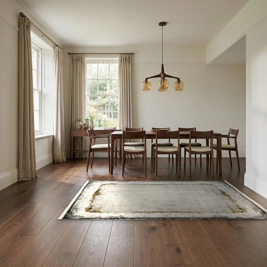 Room view: the rug on the floor of a furnished room, shown at its real size