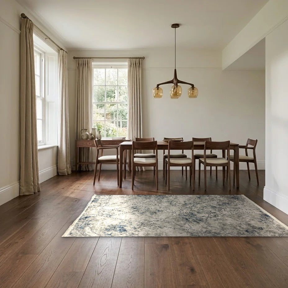 Room view: the rug on the floor of a furnished room, shown at its real size