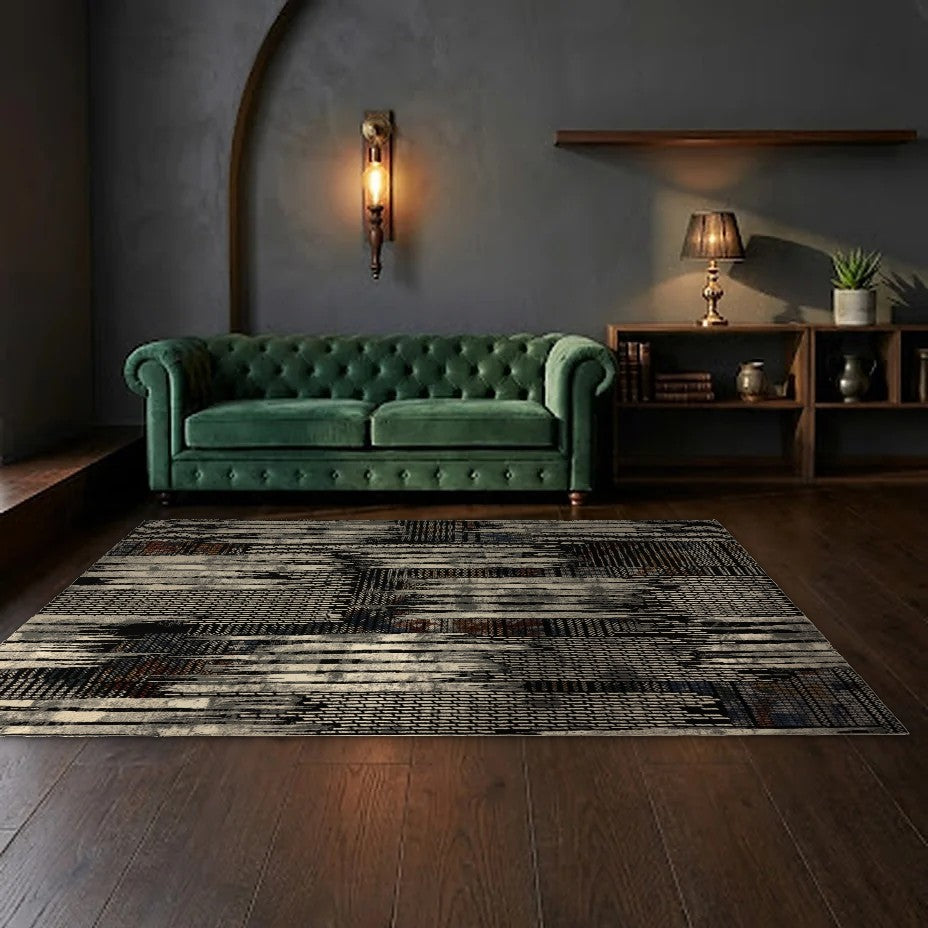 Room view: the rug on the floor of a furnished room, shown at its real size