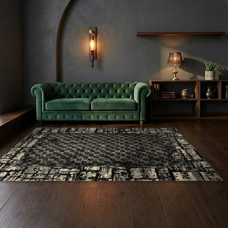 Room view: the rug on the floor of a furnished room, shown at its real size