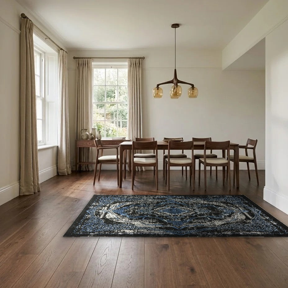 Room view: the rug on the floor of a furnished room, shown at its real size